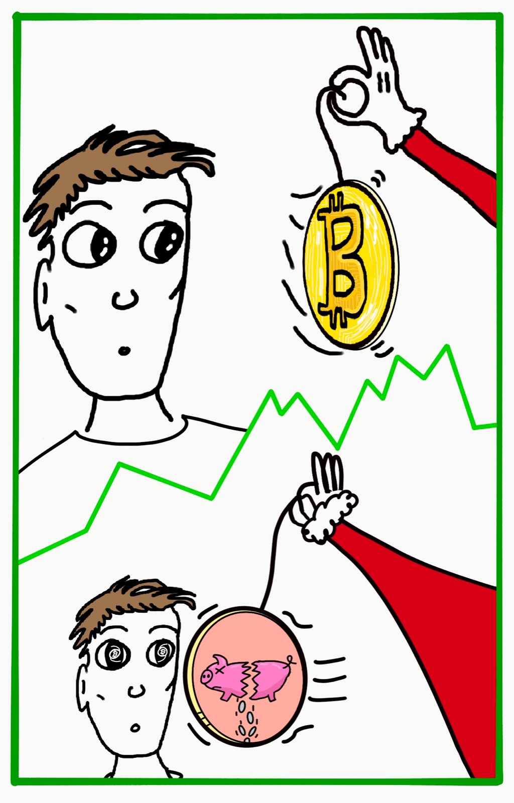 Tegneserie i to ruter: en figur blir hypnotisert av en bitcoin, så av en knust sparegris.