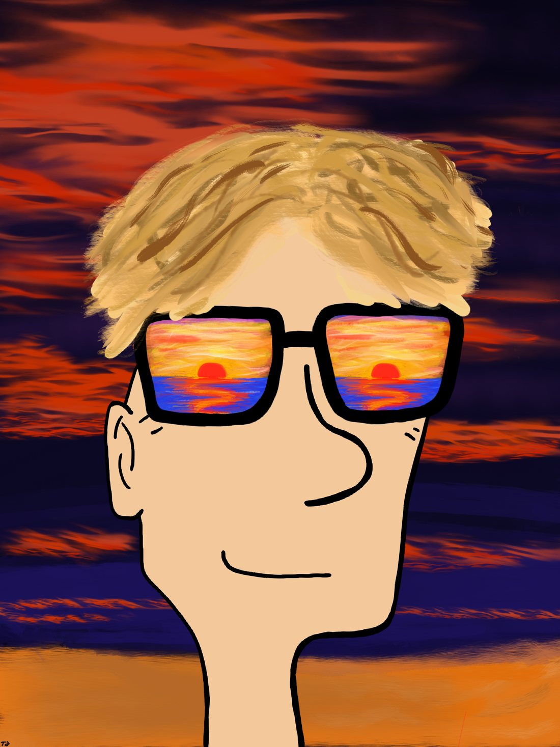 Tegnet portrett med solbriller som speiler en solnedgang.
